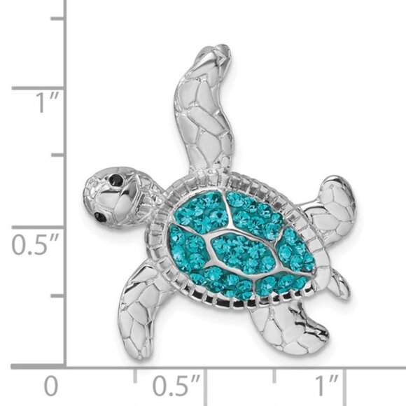 925 Sterling Silver Rh-Plated Polished Blue Crystal Turtle Chain Slide Pendant - Picture 5 of 5